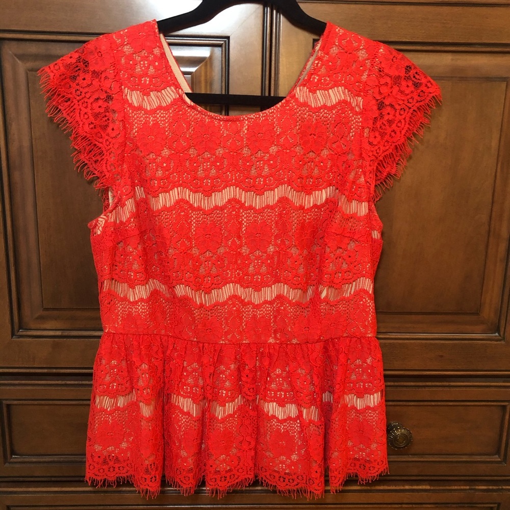 Anthropologie Red Lace Illusion Peplum Blouse
